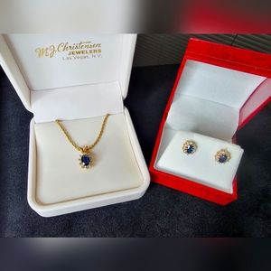 14k Solid Gold Necklace And Earrings Set With Natural Sapphire + Diamonds !!!